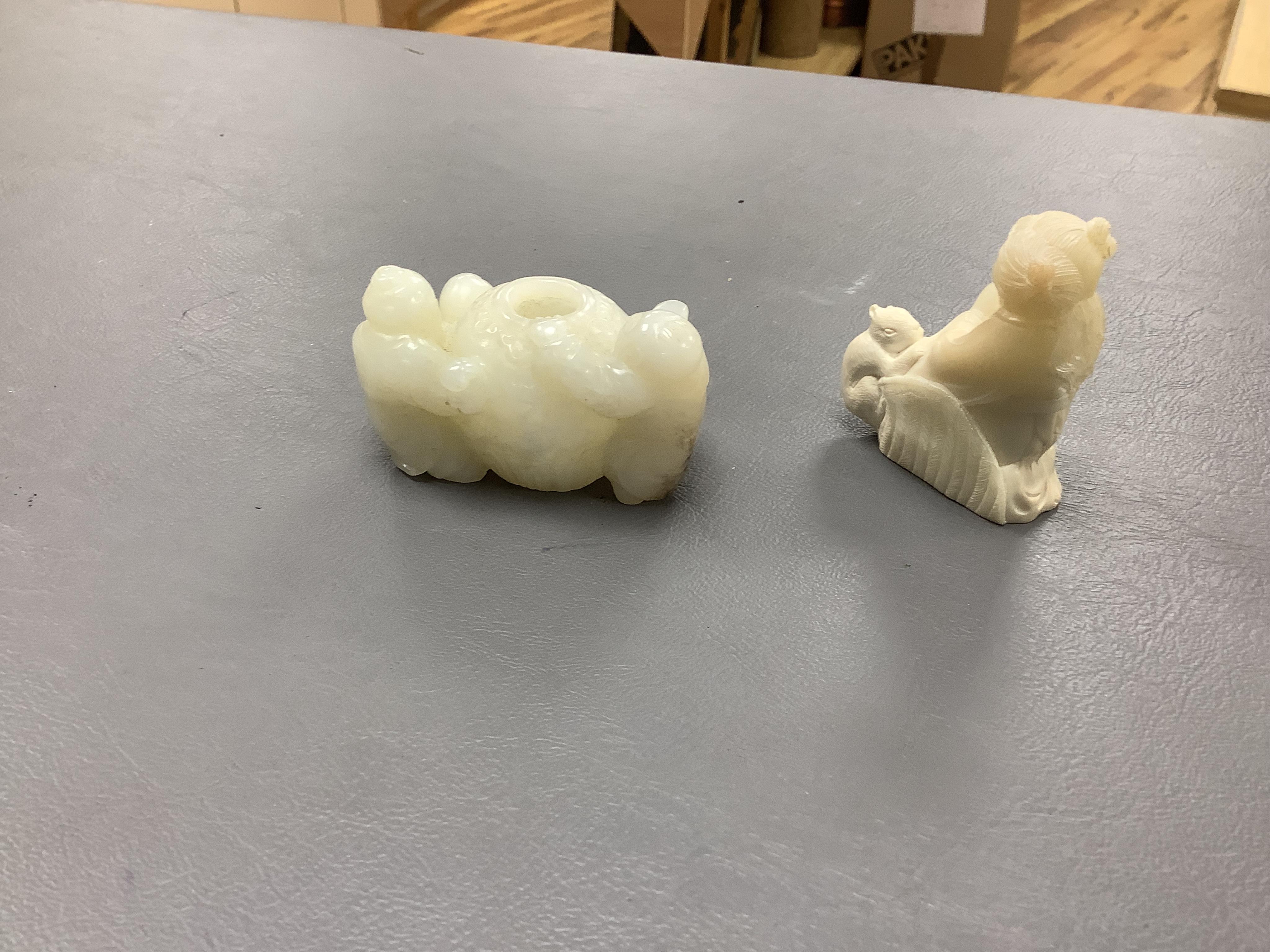 A Chinese white jade 'boys with jar' carving and three shoushan stone figures; luohan, girl with squirrel and mermaid (4), tallest 11cm